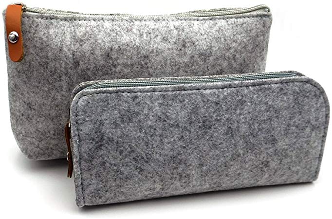 ERCENTURY Pencil Bag Pen Holder Cosmetic Pouch Bag, Felt Pouch Zipper Bag for School/Office Supplies, Stationeries or Makeup Accessories.2 Sizes in 1 Pack. (Light Grey)