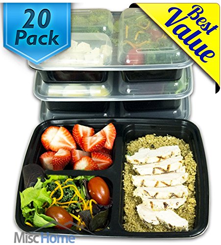 [20 Pack] 39 Oz. 3 Compartment Meal Prep Containers BPA Free & FDA Certified Food Grade 3 Compartment Food Containers Portion Control & Stackable Bento Box Lunch Box Food Storage 3 Compartment