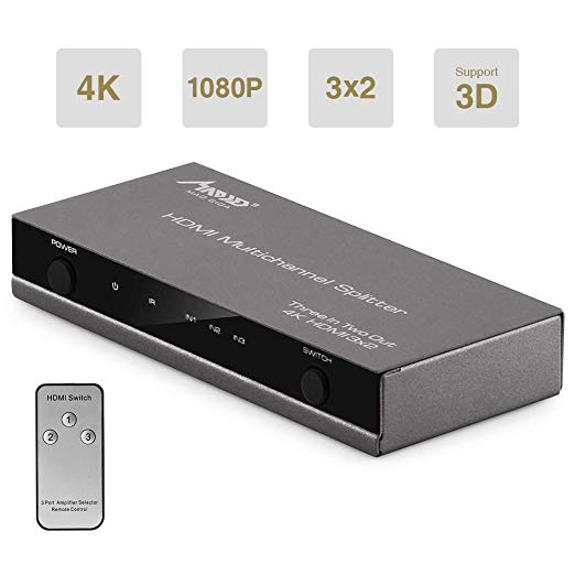 MAD GIGA HDMI Switch, (3 in 2 Out) 3x2 HDMI Switch/Splitter with Remote, Support Ultra HD 4K x 2K | 3D 1080p