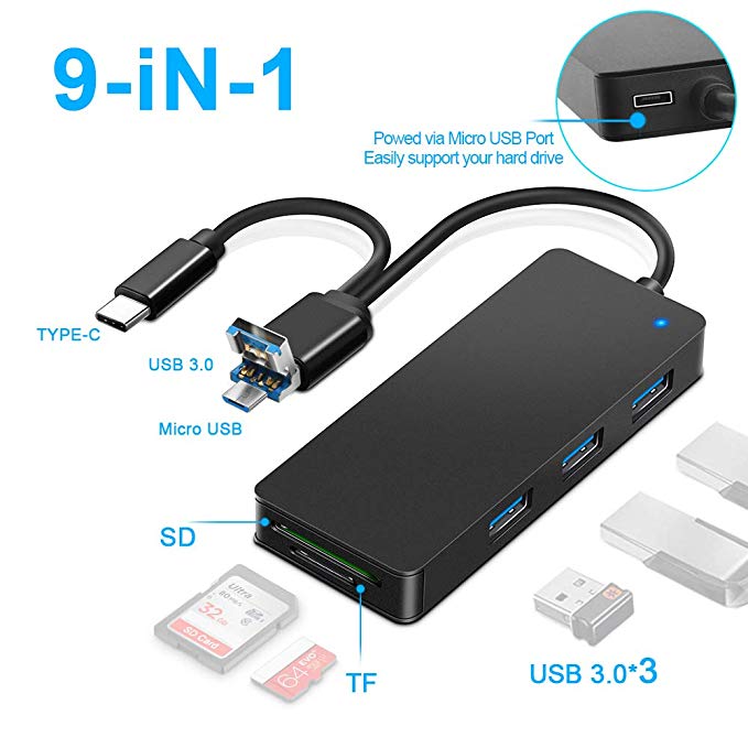 Rocketek USB 3.0 / USB C/Micro USB Hub Adapter, 3-in-1 Card Reader with 3 USB 3.0 Ports, USB 3.0 Memory Card for SD/Micro SD/TF/UHS-I for MacBook, PC Laptop, Smartphones with OTG Function