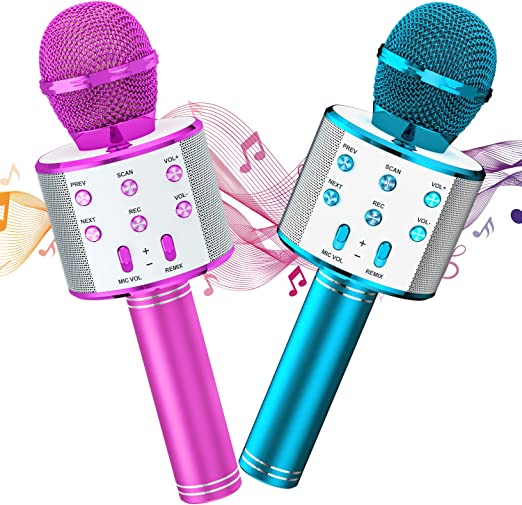 VERKB Kids Karaoke Microphone Toy, 2-Pack Wireless Microphone for Kids, Handheld Karaoke Mic Speaker Machine for Adults 5-14 Year Girls Boys, Fun Home Party Birthday Gift Toy (Blue Purple)