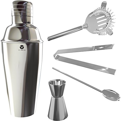 Vremi Bartending Set with Cocktail Shaker - 5 Piece Bartender Kit in Stainless Steel with Martini Strainer - Bar Tools and Supplies also include Ice Tongs Stirrer and Jigger Shot Glass - Silver