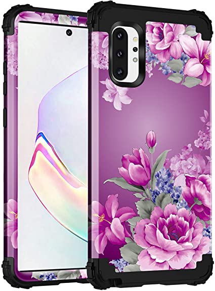 Lontect for Galaxy Note 10 Plus Case Floral 3 in 1 Heavy Duty Hybrid Sturdy Armor High Impact Shockproof Protective Cover Case for Samsung Galaxy Note 10 Plus/Note 10 Plus 5G, Purple Flower/Black