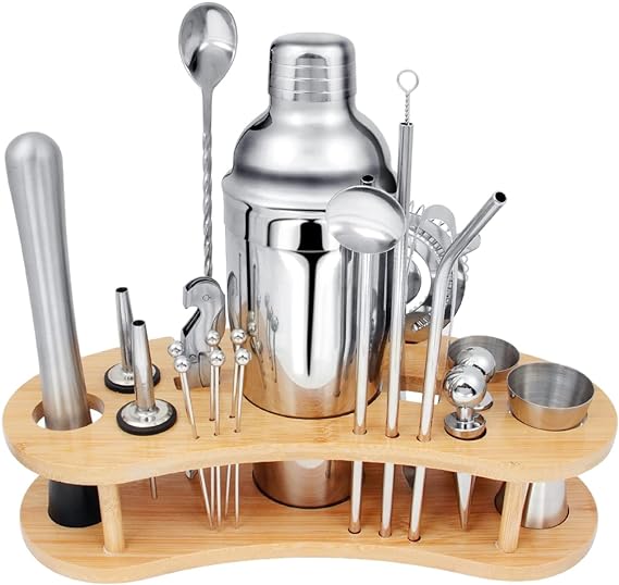 OWUDE Cocktail Mixing Set, 22 Pcs Professional Cocktail Shaker Kit, Making Kit with Bamboo Display Stand & 750ml Stainless Steel Bartending Tools for Home & Bar