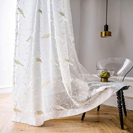 White Rod Pocket Sheer Curtains 96 inches Length, Birds Embroidered Window Curtain Sheer Voile Panels for Living Room & Bedroom, 60x96, Two Panels