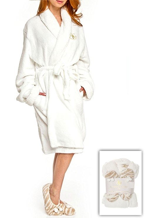 Adrienne Vittadini Womens Soft Plush Comfy Sherpa Lined House Bath Robe and Sherpa Printed Ballerina Slippers Set