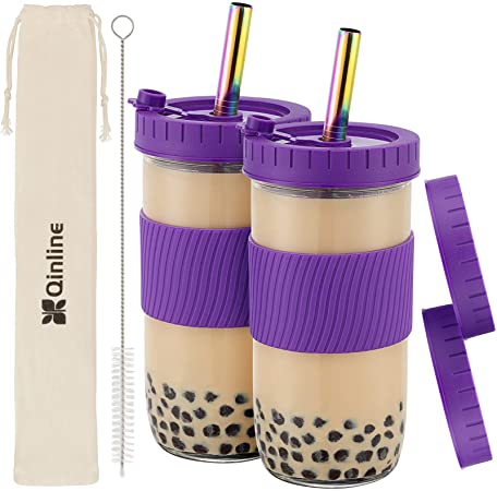 Reusable Boba Cup Bubble Tea Cup 2 Pack, 24Oz Wide Mouth Smoothie Cups with Lid, Silicone Sleeve & Angled Wide Straws, Leakproof Glass Mason Jars Drinking Water Bottle Travel Tumbler for Large Pearl