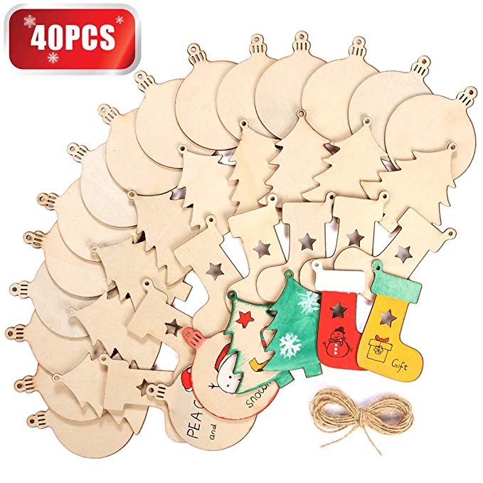 Wooden Christmas Ornaments DIY Round Unfinished Wood Pieces Slices Scrafts for Kids Tree Decoration Christmas Craft Supplies 40Pcs 3" Predrilled with Hole Blanks Discs Bulk