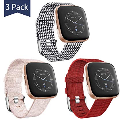 Maledan Compatible with Fitbit Versa/Versa Lite/Fitbit Versa 2 Bands for Women Men, Woven Fabric Strap Replacement for Fitbit Versa Smart Watch, Small Size 3 Pack Beige/Red/Black&White Houndstooth