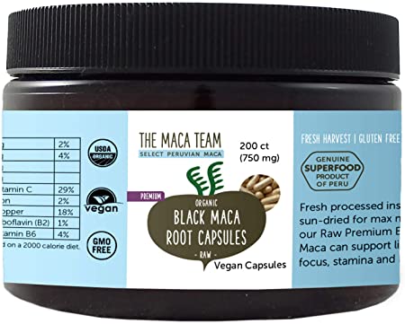 The Maca Team Premium Raw Black Maca Root Capsules, Certified Organic, Vegan, GMO- and Gluten-Free, 750 mg Size, 200 Count