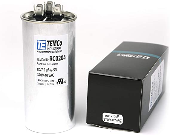 TEMCo Dual Run Capacitor RC0204-80/7.5 mfd 370 V 440 V VAC Volt 80 7.5 uf AC Electric Motor HVAC