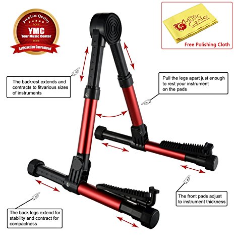 YMC Guitar Stand for Acoustic/Electric/Classical Guitars and Violin, Ukulele, Bass, Banjo, Mandolin - Folding, Portable and Lightweight - Fits Your Fender/Epiphone/Taylor/Yamaha/Martin Music Instrument - The Ultimate for Concert & Travel - Premium Accessories by YMC (Red)   Free Polishing Cloth