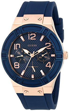 GUESS Women's U0571L1 Sporty Rose Gold-Tone Stainless Steel Watch with Multi-function Dial and Blue Strap Buckle