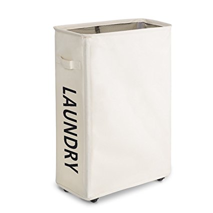 ZERO JET LAG Rolling Slim Laundry Hamper with Stand Foldable Tall Thin Dirty Laundry Hamper Basket Home Corner Handy Waterproof Sorter and Organizer on Wheels 15.4"×7.8"×22" (White)