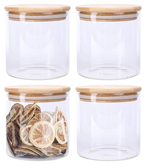 Lawei 4 Pack Glass Storage Jars with Sealed Bamboo Lids - 18.6 FL OZ Clear Glass Bulk Food Storage Canister for Serving Tea, Coffee, Spice, Candy, Cookie