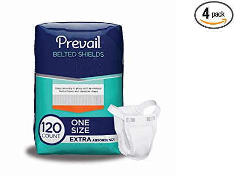 Prevail Extra Absorbency Incontinence Belted Shields 120 Total Count Breathable Rapid Absorption Discreet Comfort Fit Adult Shield with Reusable Strap