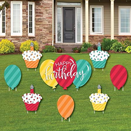 Big Dot of Happiness Colorful Happy Birthday - Cupcake and Balloon Yard Sign and Outdoor Lawn Decorations - Birthday Yard Signs - Set of 8