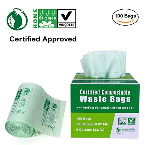 Primode 100% Compostable Bags, 6 Gallon Food Scraps Yard Waste Bags, Extra Thick 0.87 Mil. ASTMD6400 Biodegradable Compost Bags Small Kitchen Trash Bags, Certified By BPI And VINCETTE, (100)