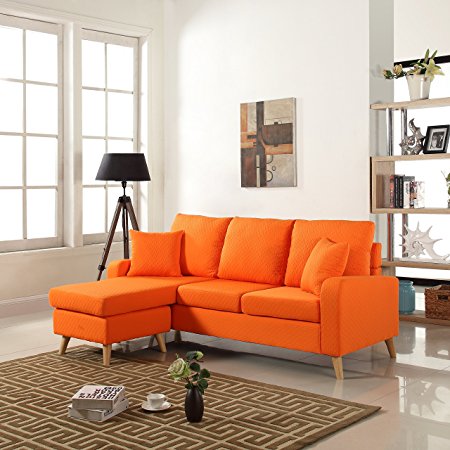 Mid Century Modern Linen Fabric Small Space Sectional Sofa with Reversible Chaise (Orange)