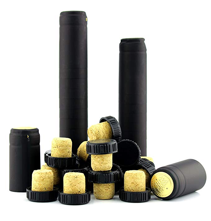 Black Plastic Tasting Top Corks/PVC Shrink Tops (24 Each, 48-Piece Set), Black Shrink Tops w/Gold Seal, Real Corks with Black Plastic Ribbed Lids