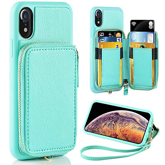 iPhone XR Case, ZVE iPhone XR Wallet Case with Credit Card Holder Slot Shockproof Protective Leather Wallet Zipper Pocket Purse Handbag Wrist Strap Case for Apple iPhone XR 6.1" (2018) Blue
