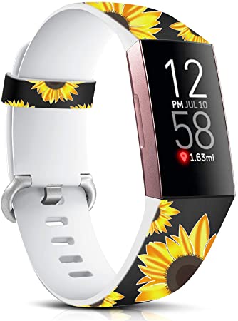 Maledan Compatible with Fitbit Charge 3 and Fitbit Charge 4 Bands, Soft Printed Strap Floral Band Replacement Accessories Wristbands for Women Girls, Small, BlackSunflower