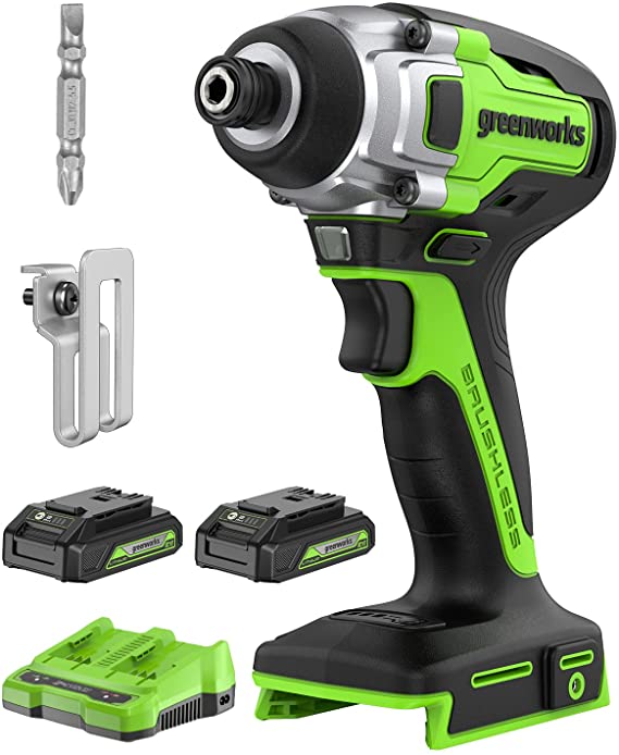 Greenworks 24V Cordless Impact Driver Kit with USB Port Batteries & Adapter, 1/4-inch Hex,2640 in./lbs Torque, Variable Speed Brushless Impact Drill/Driver Set, Bits and Tool Bag Included