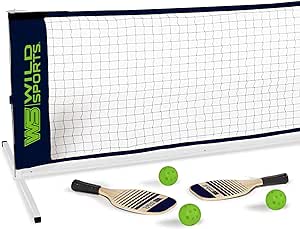 Wild Sports 10’ Driveway-Size Family Pickleball Net Set - with 2 Wooden Paddles and 3 Pickleballs