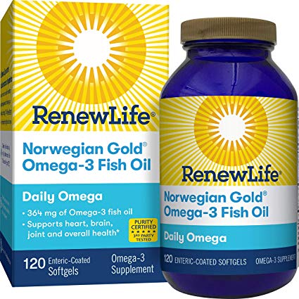 Renew Life® Norwegian Gold® Gold Adult Fish Oil - Daily Omega, Fish Oil Omega-3 Supplement - Gluten & Dairy Free - 120 Burp-Free Softgel Capsules