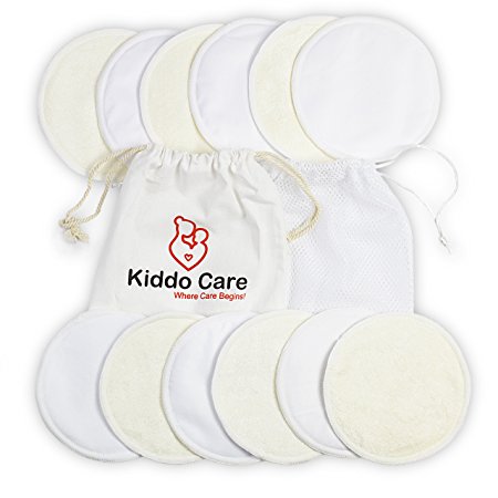 Kiddo Care Washable Organic Bamboo Nursing Pads -12 PACK WHITE (6 pairs)- Reusable Breast Pads,Bra pads, Leakproof, Ultra soft, Waterproof, Hypoallergenic breastfeeding pads, absorbent pads!