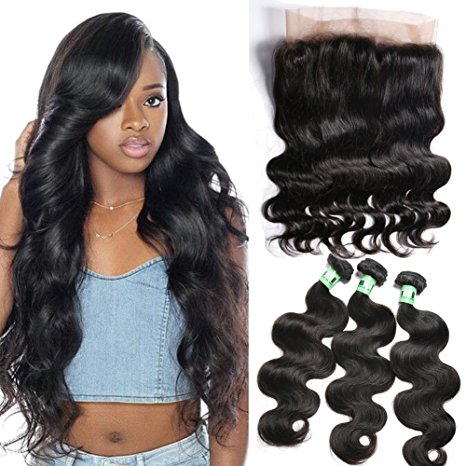 Msbeauty 360 Lace Band Frontal Closure with Bundles Brazilian Body Wave Virgin Human Hair (16" closure with 16 18 18)Pre-plucked Natural Black Color