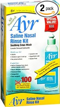 Ayr Saline Nasal Rinse Kit Soothing Sinus Wash, 100-Count Saline Nasal Rinse Mixture Packets Plus Applicator Bottle (Pack of 2)