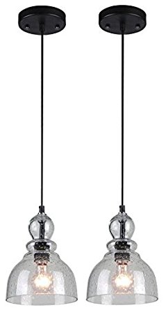 One-Light Adjustable Mini Pendant with Handblown Clear Seeded Glass, Oil Rubbed Bronze Finish - 2-Pack