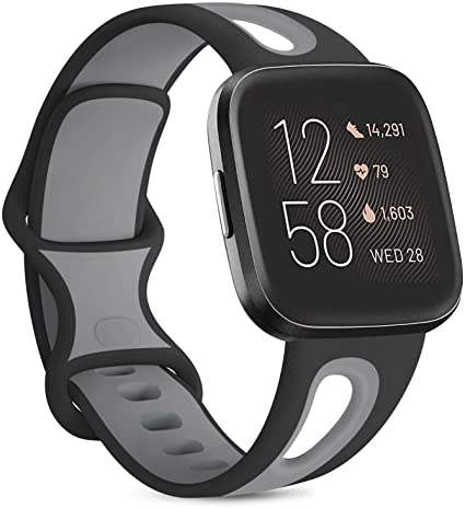 Sport Bands Compatible with Fitbit Versa 2 / Fitbit Versa/Versa Lite/Versa SE, Soft Silicone Waterproof Breathable Replacement Wristbands for Fitbit Versa Smart Watch Women Men (Black/Gray, Small)