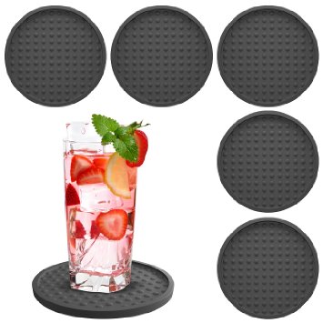 Drink Coaster Silicone (Set of 6) - Bar Size 4 Inches with Good Grip & Deep Spill Tray - Coasters for Beverage like Beer Cans, Wine Glasses, Coffee Mugs | Black