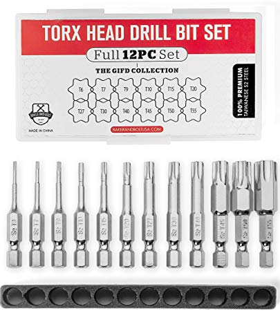 Torx Head Drill Bit Set (Full 12pc Set with Storage Case) T6 - T55 Hex Shank Magnetic Star Security Kit - The GIFD Collection - Long 2 inch Torx Key Bits Premium S2 Steel for drills and impact drivers