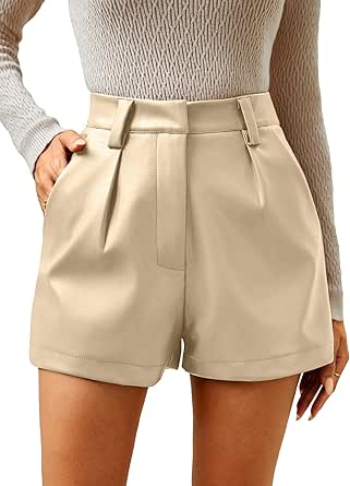 Milumia Women's PU Leather High Waisted Pleated Wide Leg Dressy Shorts with Pocket