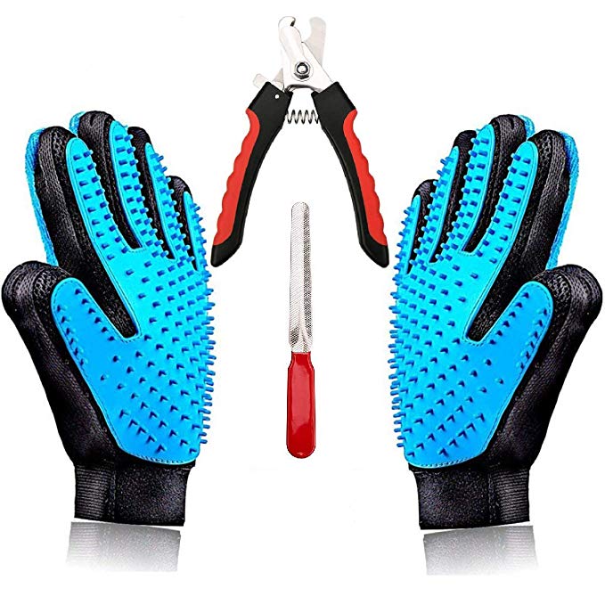Best Gentle Pet Grooming Gloves Brush Nail Clippers Set - Dog Brushes for Shedding - Short & Long Hair Remover for Pet Fur - Dematting Comb for Dogs, Cats, Horses