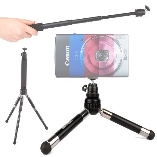 DURAGADGET Telescopic 2-in-1 Sturdy Tripod / Handheld Monopod ('Selfie'-Pod) for the Canon IXUS 145 (16 MP, 8 x Optical Zoom, 2.7 -inch LCD), Canon IXUS 150 Point and Shoot Digital Camera & Canon IXUS 155 (20 MP, 10 x Optical Zoom, 2.7 -inch LCD)