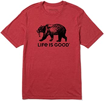 Life Is Good. Mens Cool Tee Fishing Bear, Faded Red