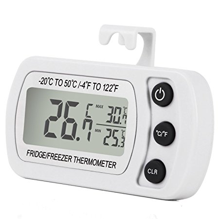 Fridge Thermometer, Digital Refrigerator Freezer Room Temperature Monitor Easy to Read LCD Display with Hook (White - Pack of 1)