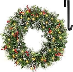 Hykolity 24 in. Pre-Lit Christmas Wreath Wintry Pine with 50 Warm White LED Lights, 164 Tips, Artificial Battery Operated Wreath with Timer, Adorned with Pinecones & Red Berries, Hanger Included