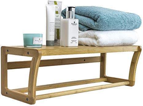 Sorbus Bamboo Wall Shelf Towel Bar, Wall Mounted Towel Rack with Shelf Storage for Bath & Household Items, Great for Bathroom, Spa, Sauna, and More, Wooden Scandinavian Style