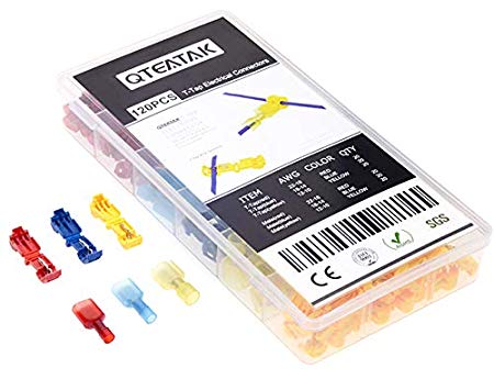 [Premium] 120 PCS/60 Pairs QTEATAK T Tap Electrical Connectors, Wire Terminals Quick Splice Electrical Connectors Self-Stripping and Nylon Fully Insulated Male Spade Disconnect Kit, Quick Wire Splice