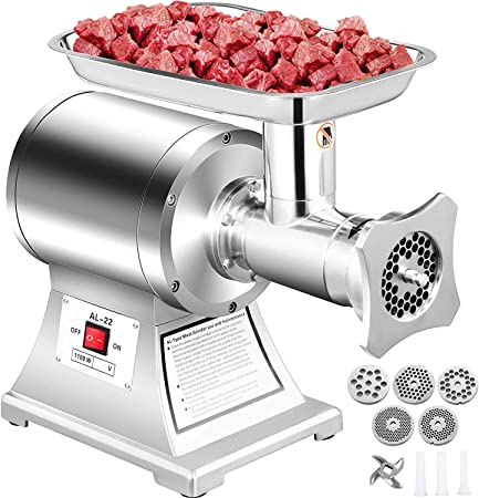 Mophorn 110V Commercial Meat Grinder 550Lbs/hour 750W 190 PRM Sausage Stuffer Maker 1 HP Stainless Steel Home Kitchen Tool 5 Plates and 2 Cutting Knives, 550LB, Sliver