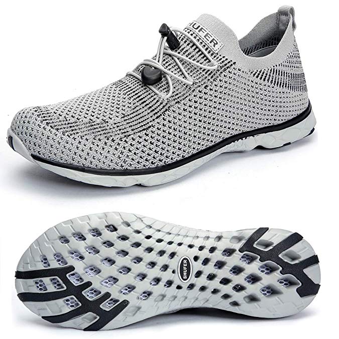 SHUFER Men's Quick Drying Aqua Water Shoes Flyknit Air Mesh Comfortable Outdoor Walking Sneakers