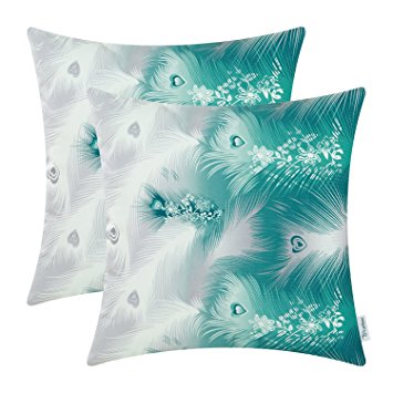 Pack of 2 CaliTime Cozy Fleece Throw Pillow Cases Covers for Couch Bed Sofa, Fantasy Peacock Feathers Print, 18 X 18 Inches, Teal