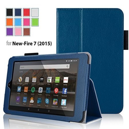 OnWay Premium Leather Folio Case for 7-Inch Amazon Fire Tablet - Dark Blue