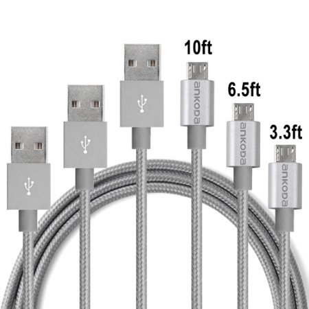 Micro USB Cable [Ultra Durable] Ankoda [3-Pack 1M 2M 3M] Nylon Braided Android Charger Cables for Smartphones Samsung Galaxy, Nexus, LG, Sony, Xiaomi, HTC, Motorola, Kindle, PS4 Controller, and More
