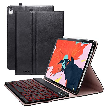 iPad Pro 11 Inch Keyboard Case 2018 with Pencil Holder And Pocket, Detachable Tablet Shell Leather, Wireless Keyboard and Smart Connector, Anti-Scratch Full Body Protective Cover (Black)